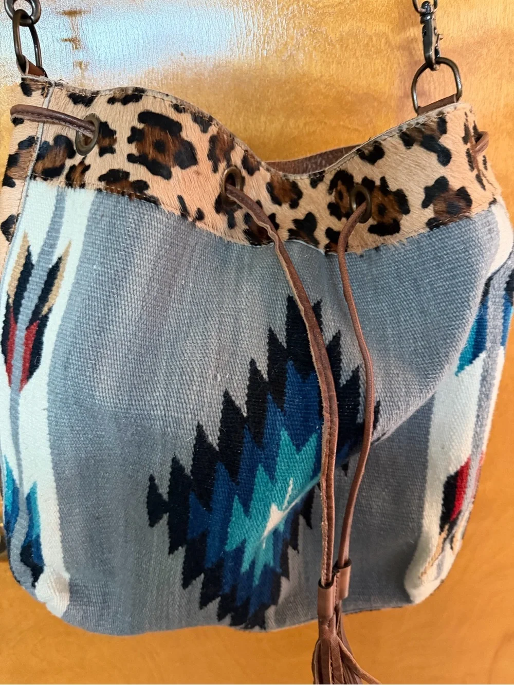 American Darling Blue and Teal Southwestern Shoulder Bag with Leopard Trim